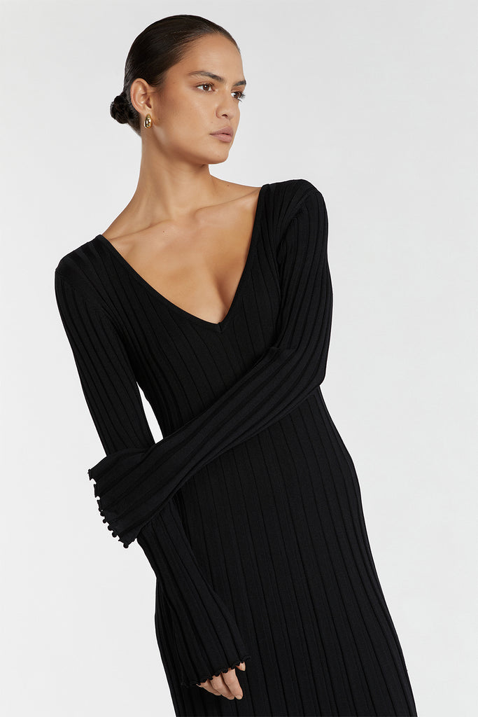 REIGN BLACK SLEEVED KNIT MIDI DRESS | Dissh