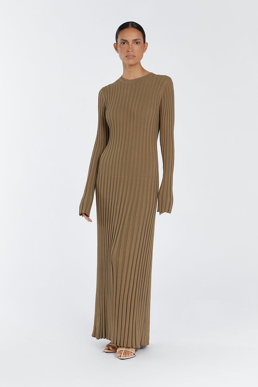 ADA KHAKI LONG SLEEVE MIDI DRESS Dissh